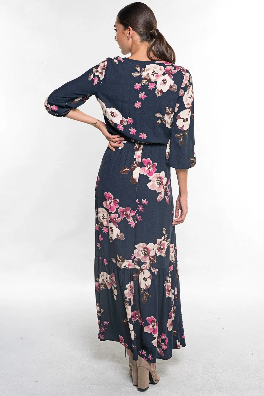 Floral Print 3/4 Sleeve Maxi Dress