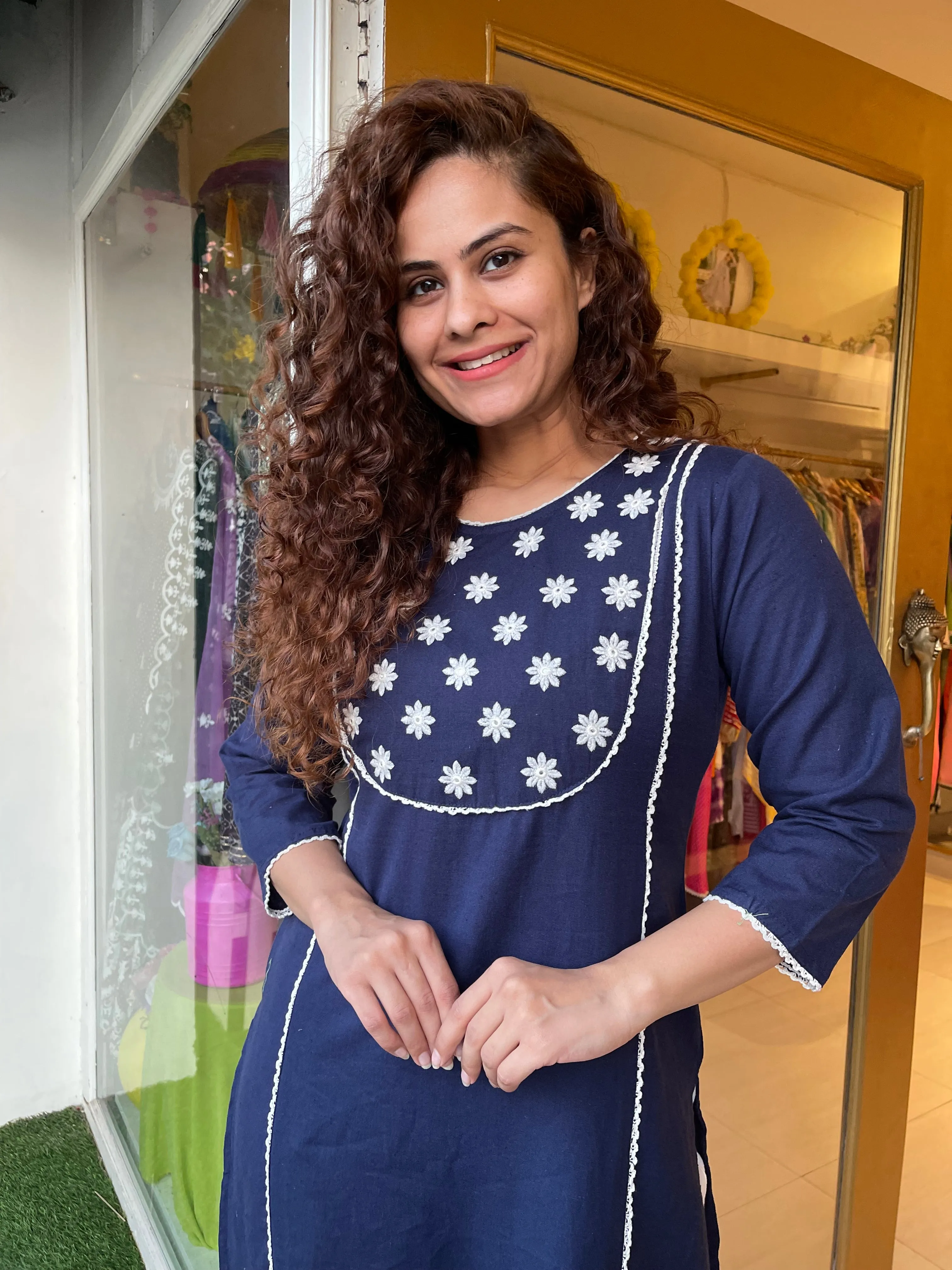 Flower Pop On Blue Kurta Set