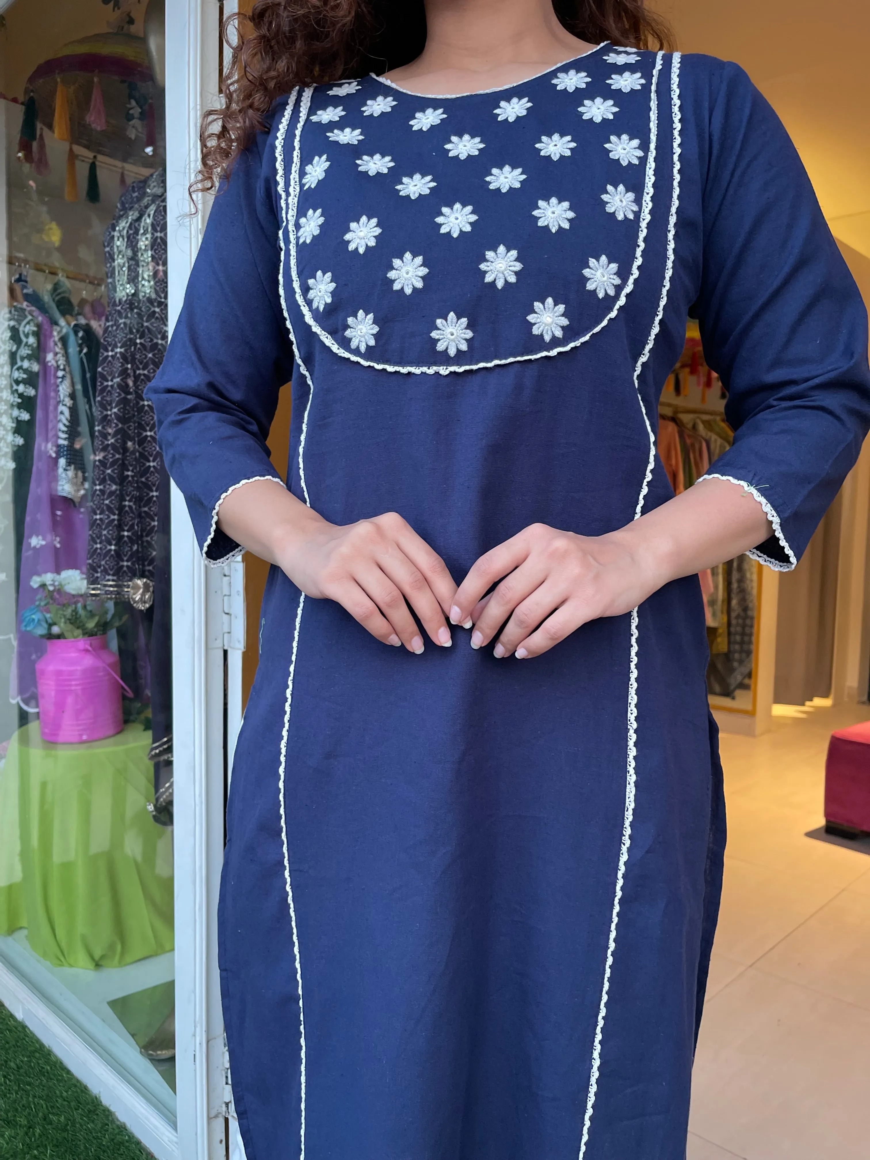 Flower Pop On Blue Kurta Set