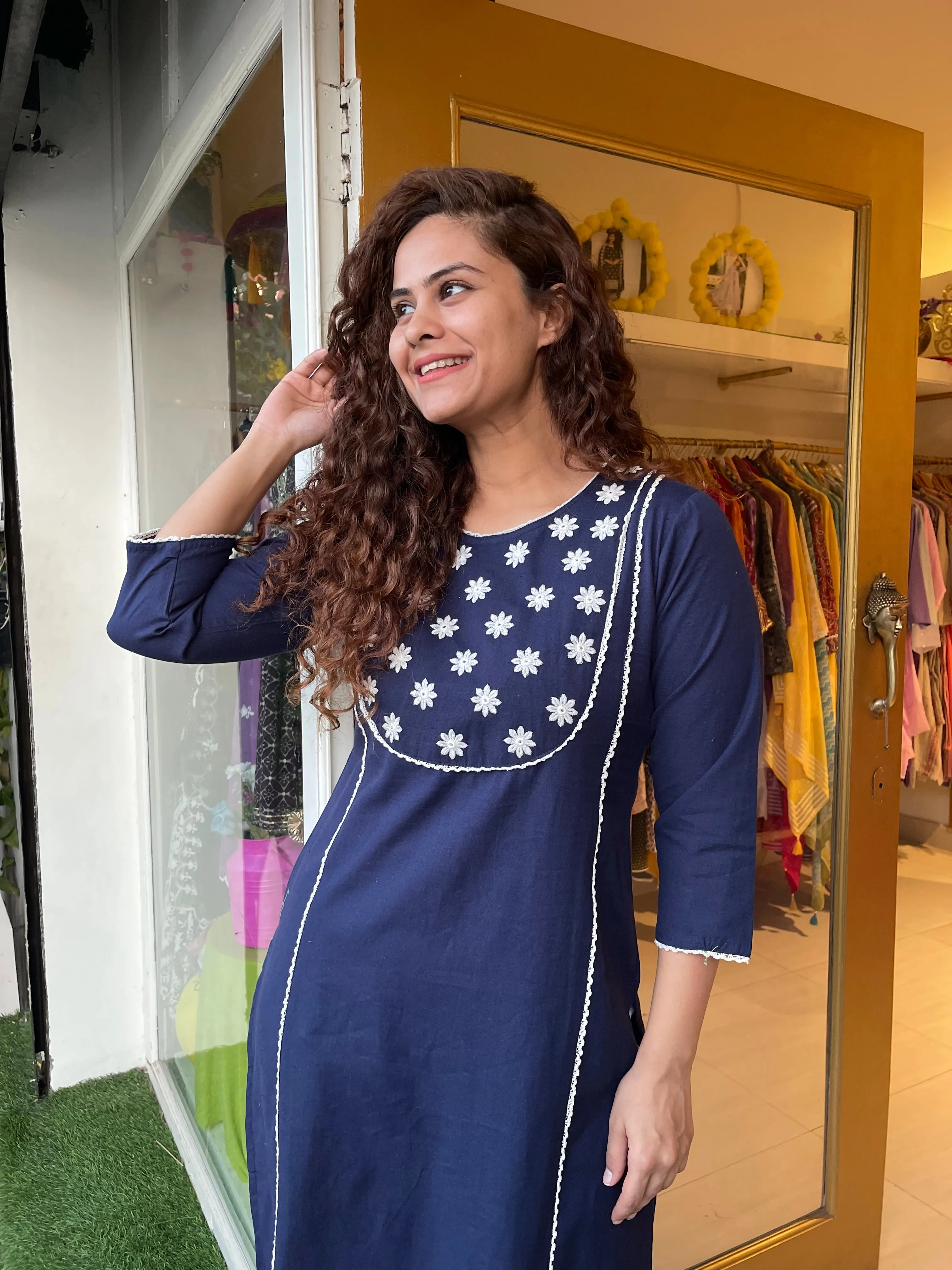 Flower Pop On Blue Kurta Set