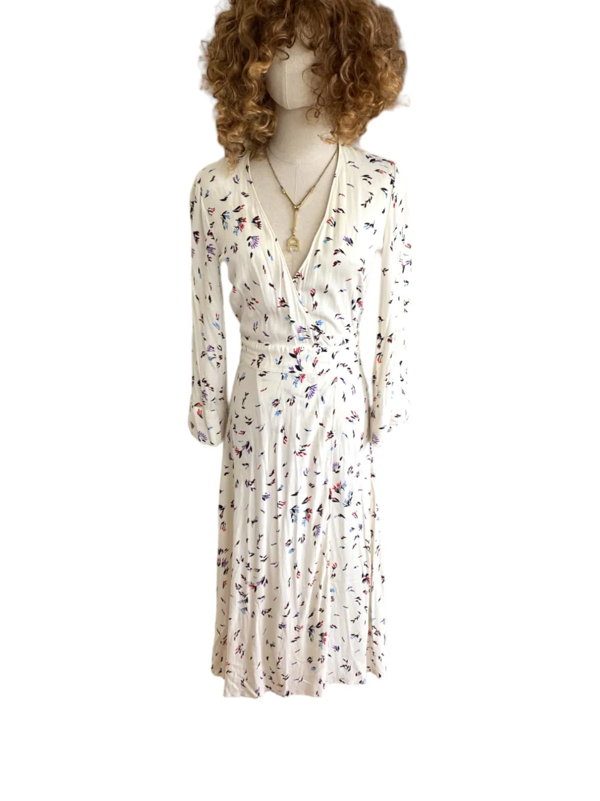 GANNI Wrap Midi Dress | White Floral, Sz 34/XS, Viscose, Bell Sleeves, V Neck