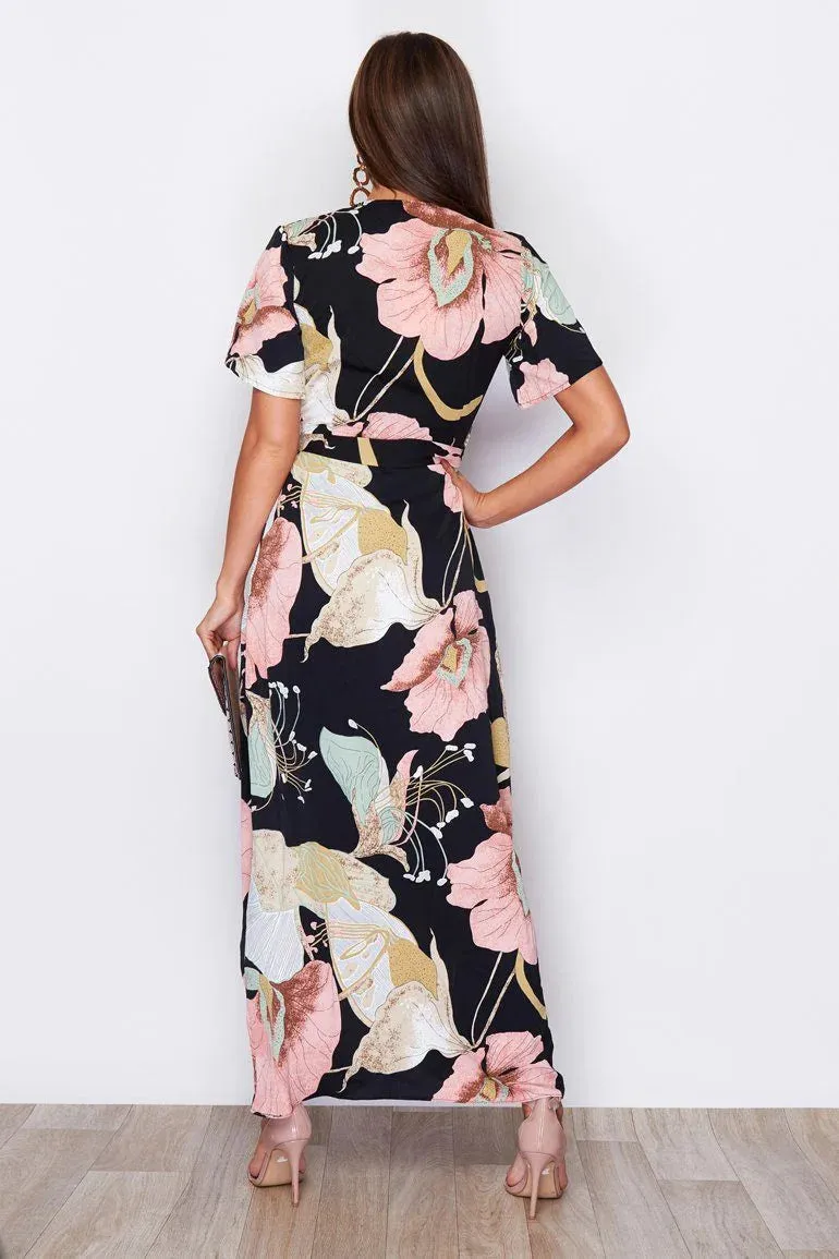 Girl in Mind Farren Split Hem Frill Detail Wrap Maxi Dress in Blush Flower Print