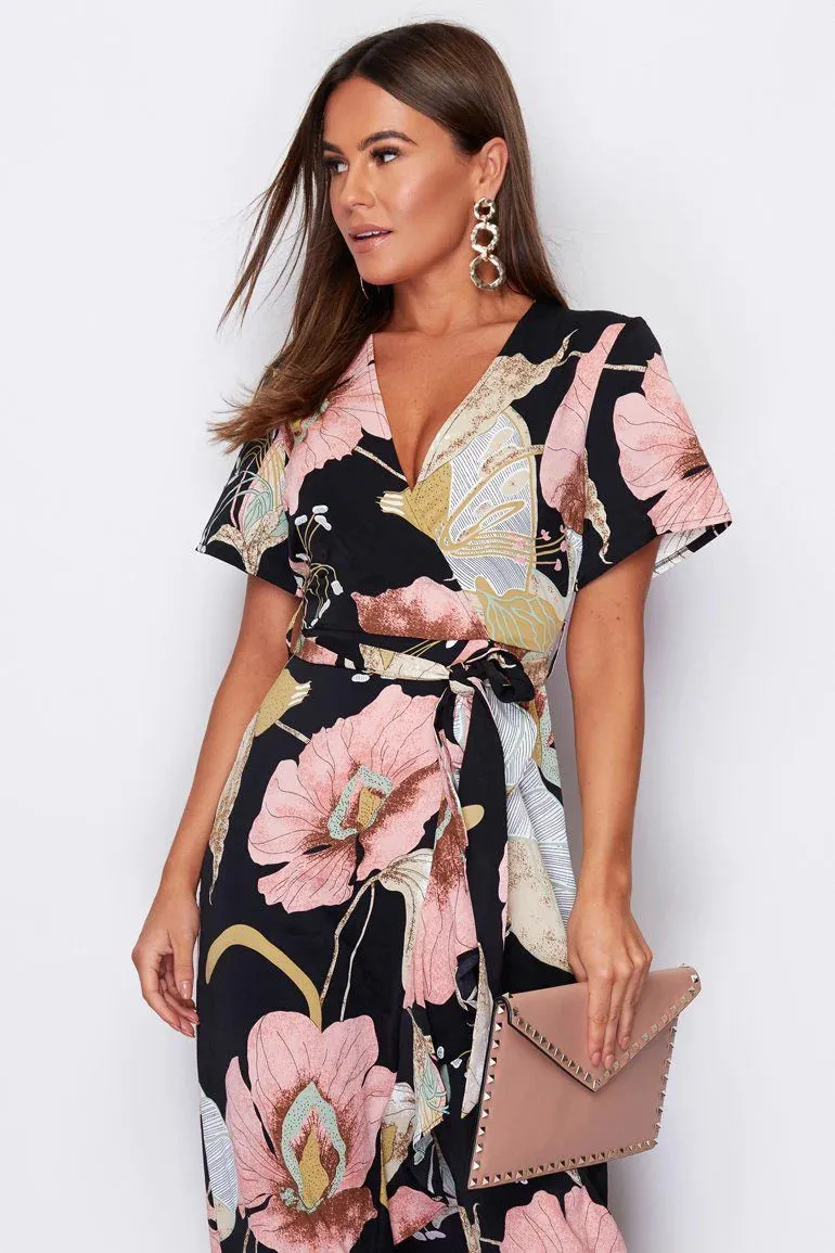 Girl in Mind Farren Split Hem Frill Detail Wrap Maxi Dress in Blush Flower Print