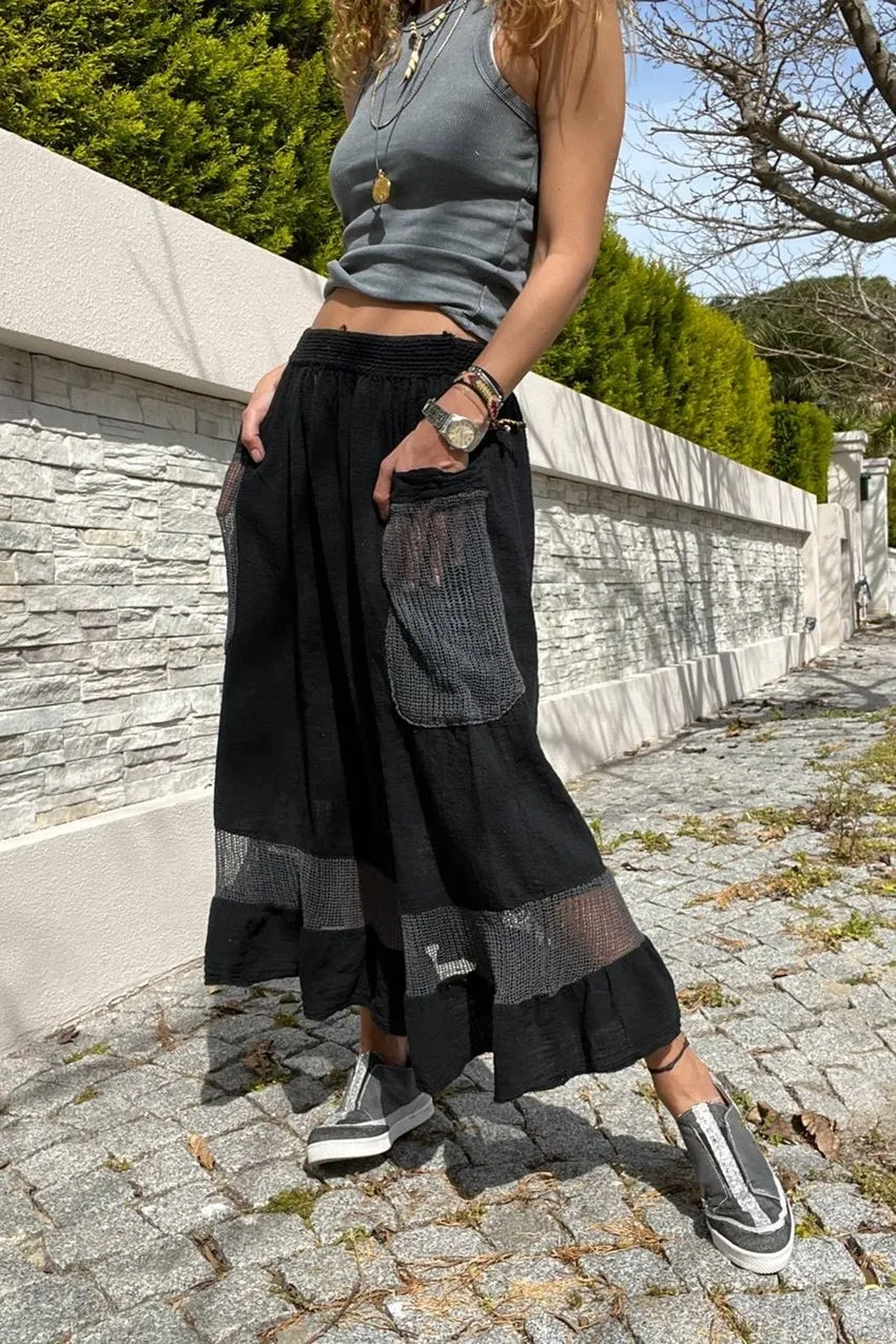 GNS Woman Black Washed Linen High Waisted Elastic Waistband Mesh Detailed Ruffled Loose Long Skirt Rsd3028 - Mechanicsville