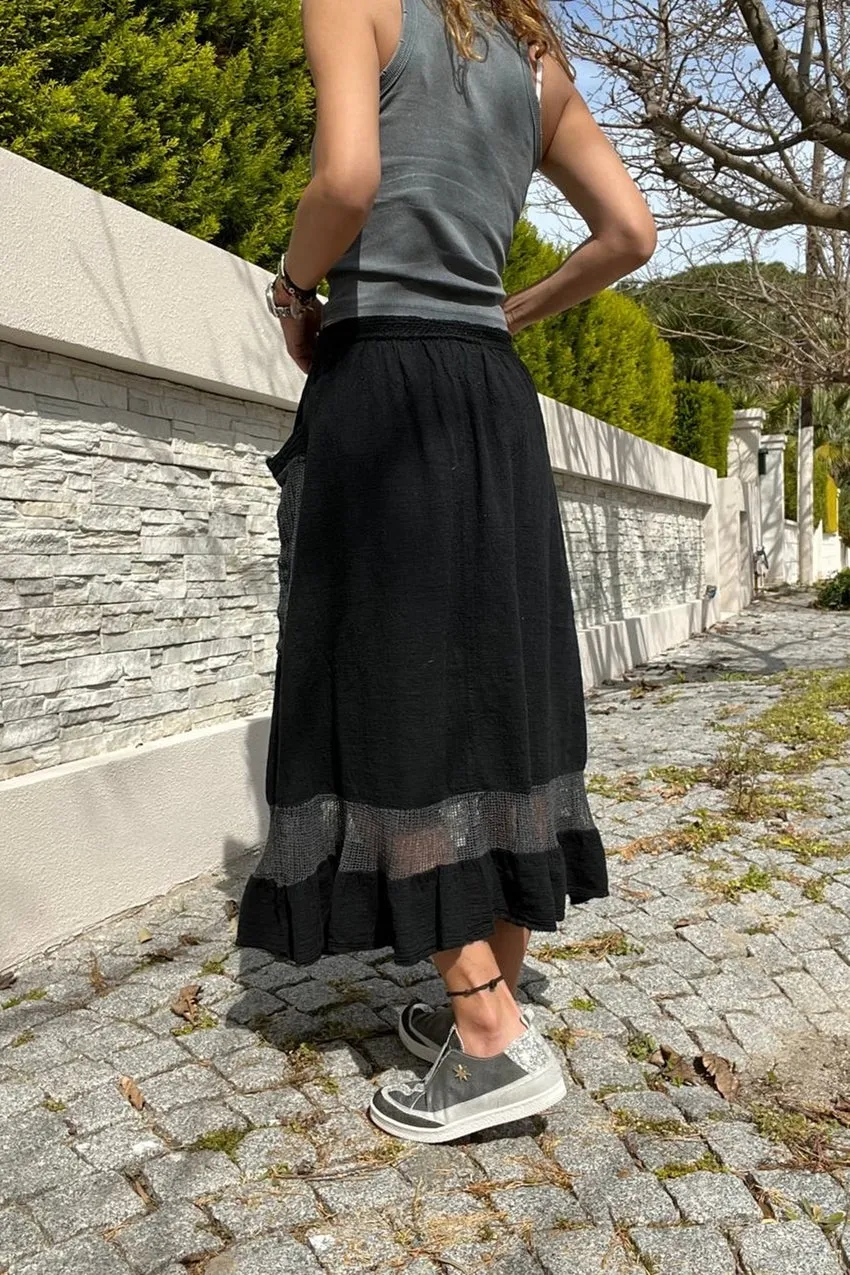 GNS Woman Black Washed Linen High Waisted Elastic Waistband Mesh Detailed Ruffled Loose Long Skirt Rsd3028 - Mechanicsville