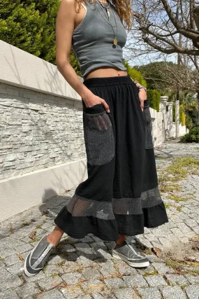 GNS Woman Black Washed Linen High Waisted Elastic Waistband Mesh Detailed Ruffled Loose Long Skirt Rsd3028 - Mechanicsville