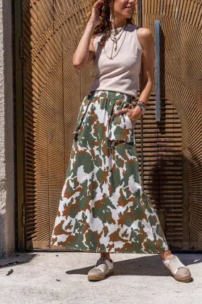 GNS Women's Beige-Ecru Gabardine Skirt with Self Pattern, Double Pocket, Elastic Waistband BST700-3553 - Charlottetown