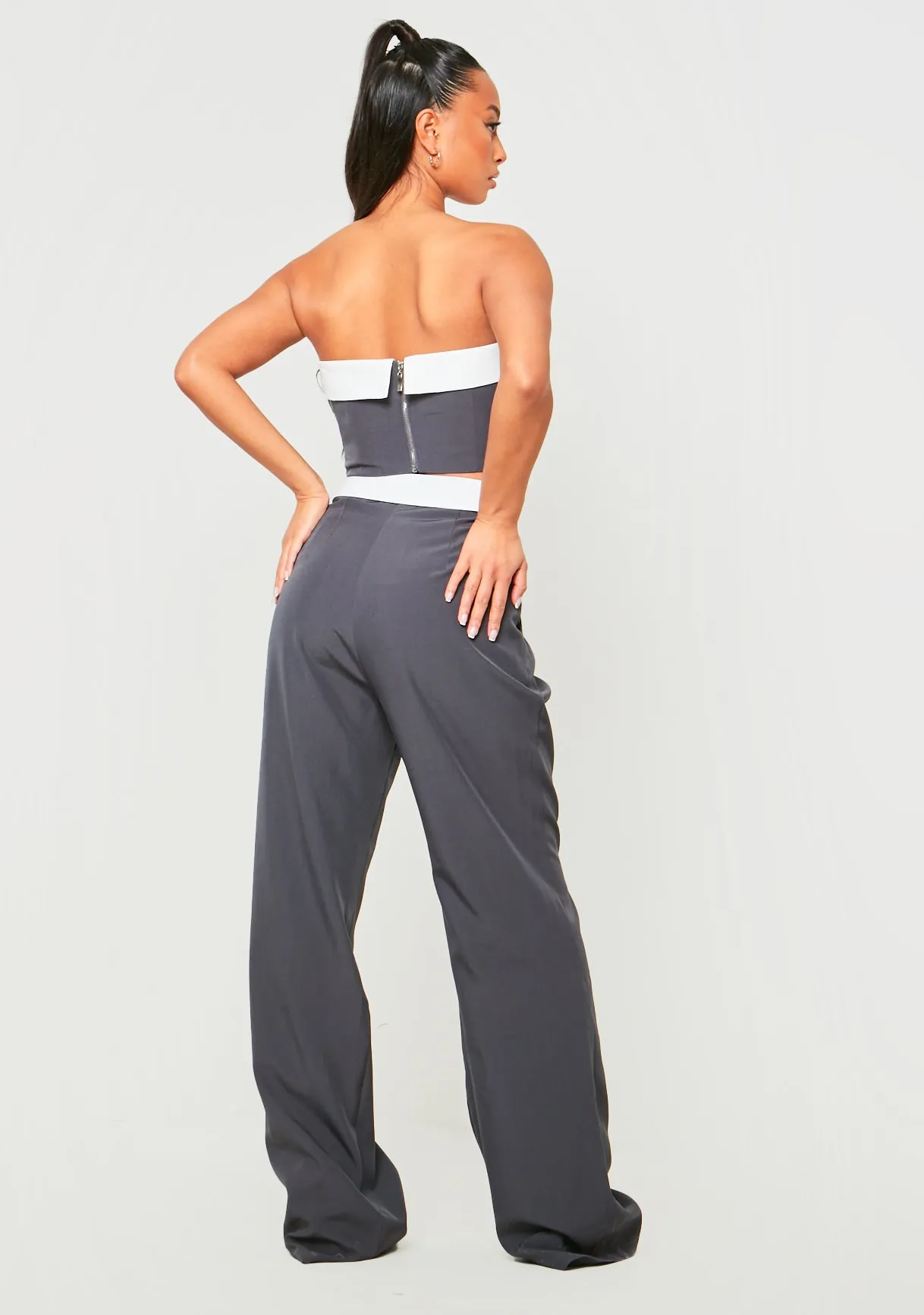 Gracie Charcoal Fold Over Waist Wide Leg Trousers