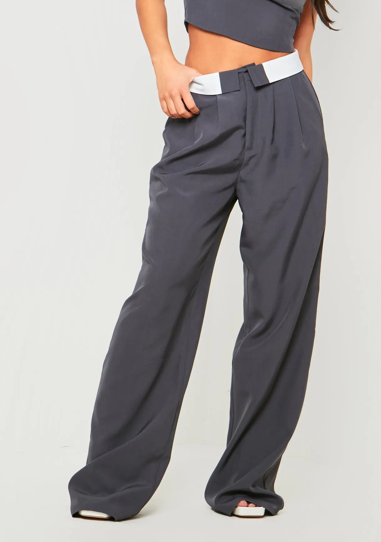 Gracie Charcoal Fold Over Waist Wide Leg Trousers