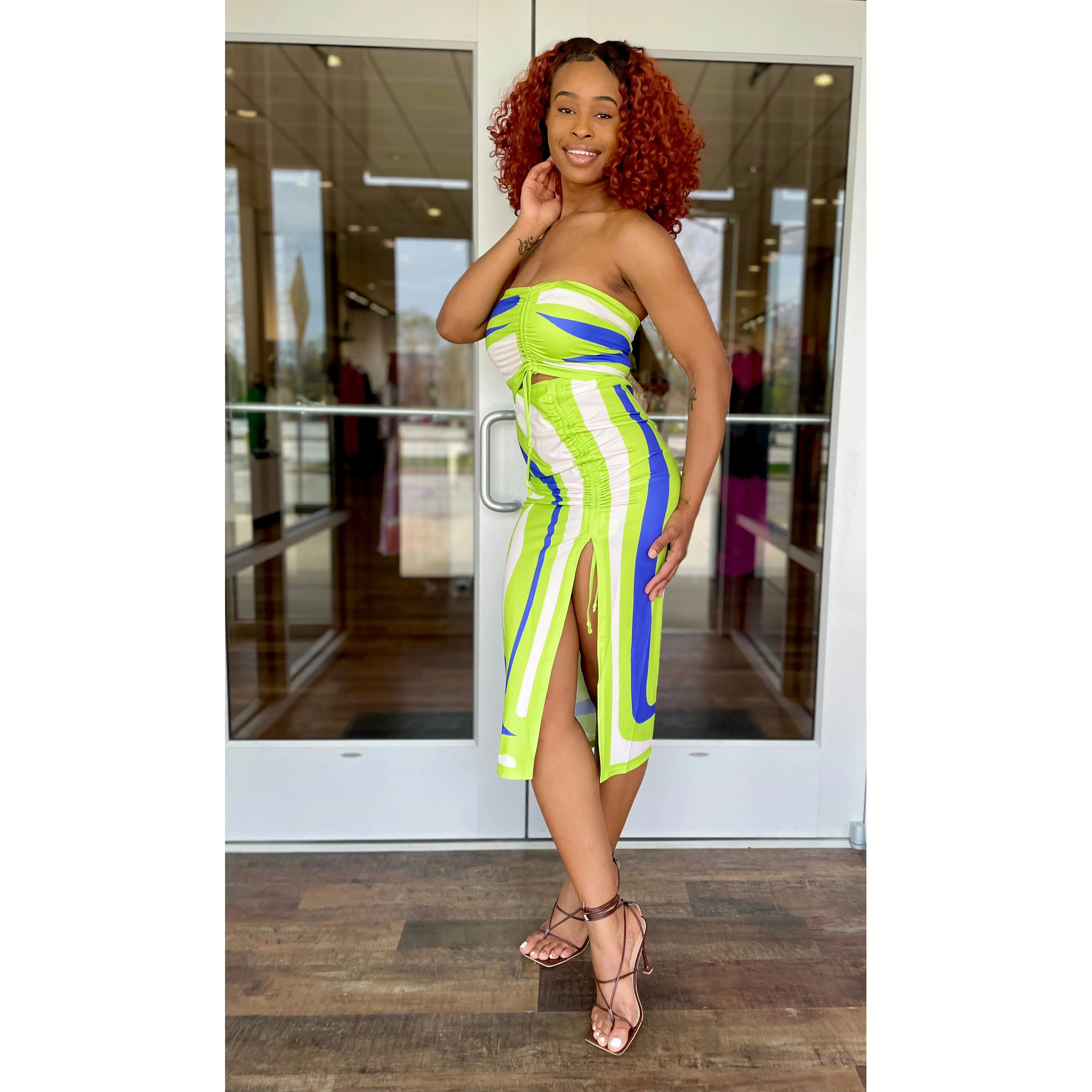 Green Pull String Midi Skirt Set