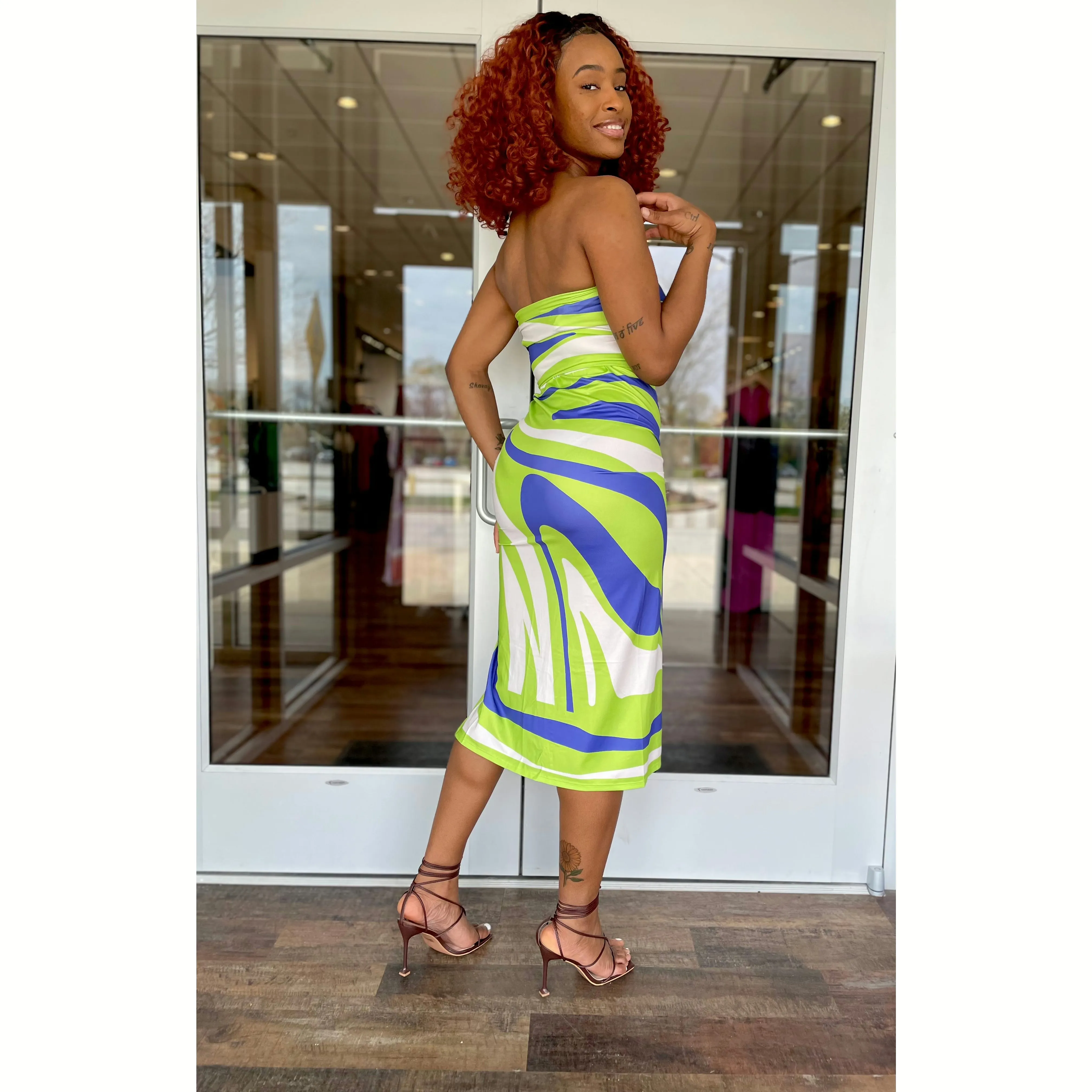Green Pull String Midi Skirt Set