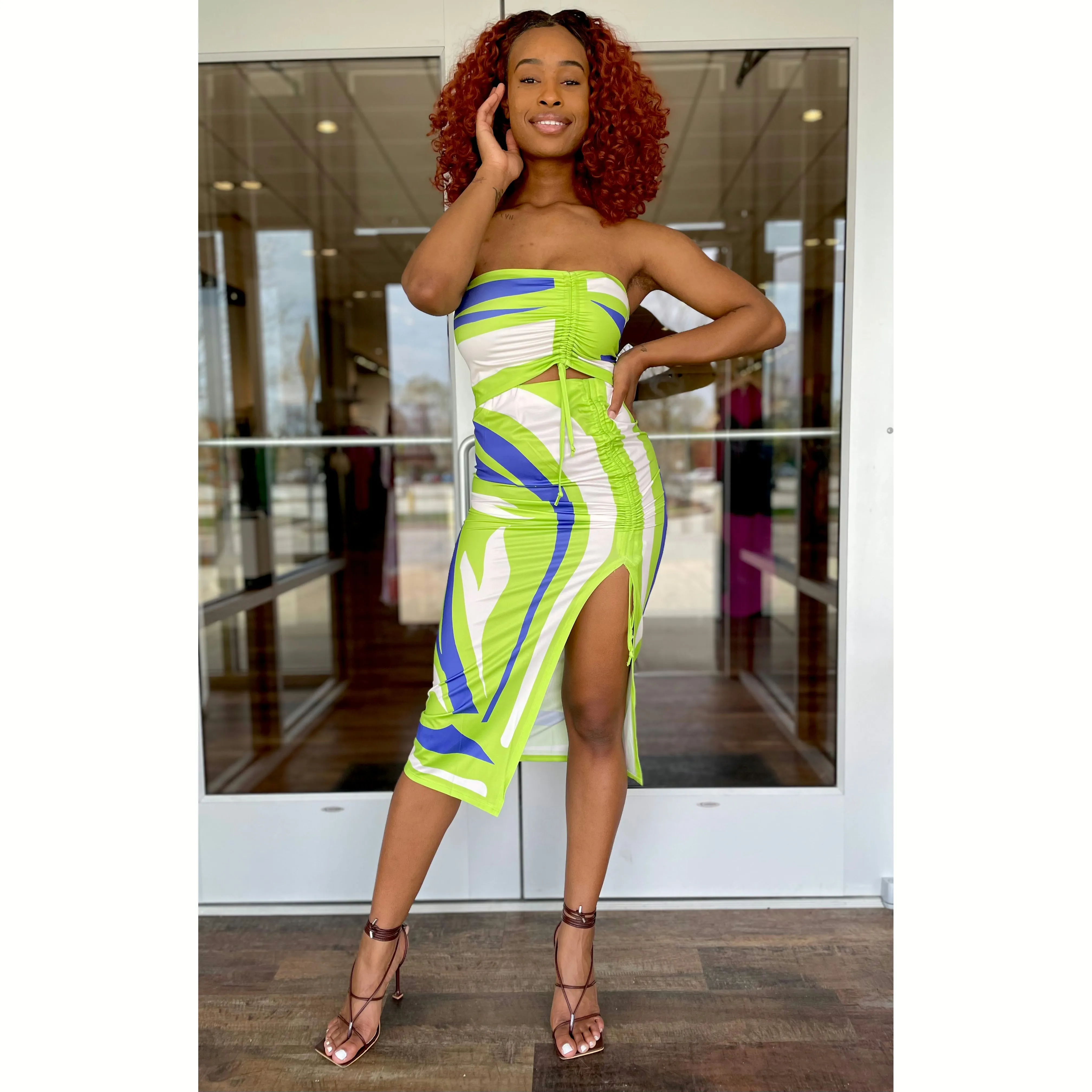 Green Pull String Midi Skirt Set