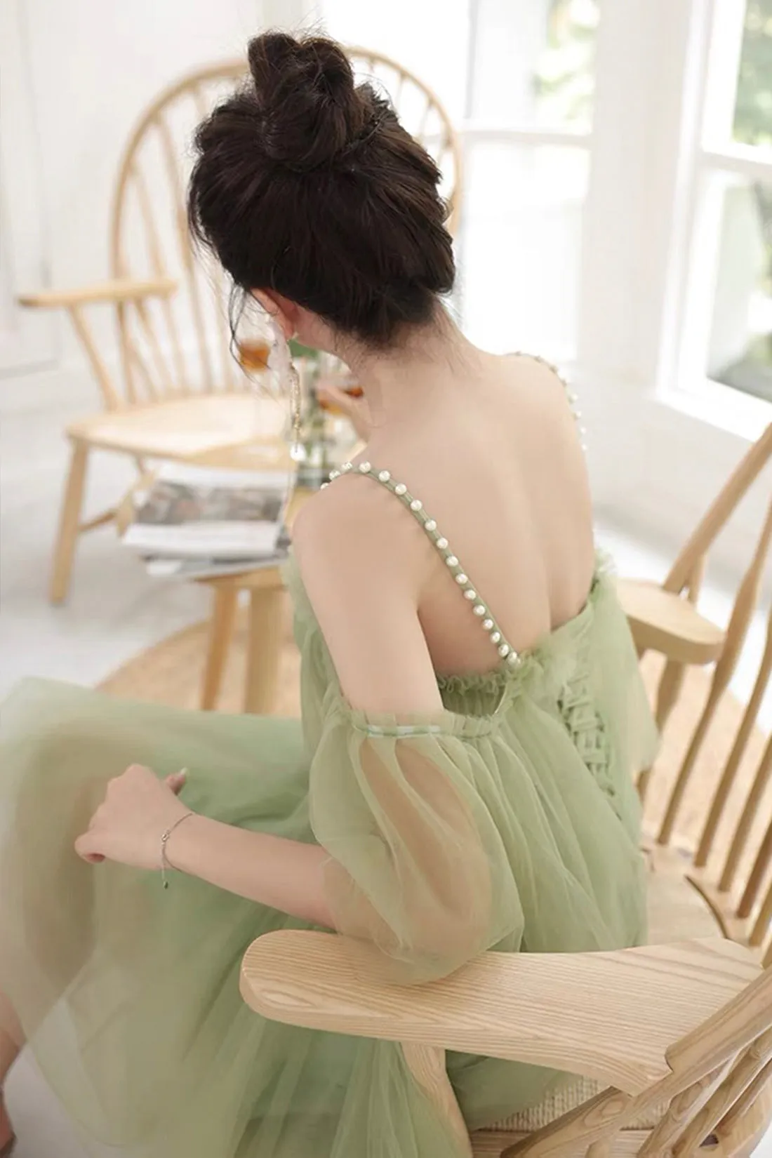 Green Spaghetti Strap Tulle Short Prom Dress, Green A-Line Homecoming Dress