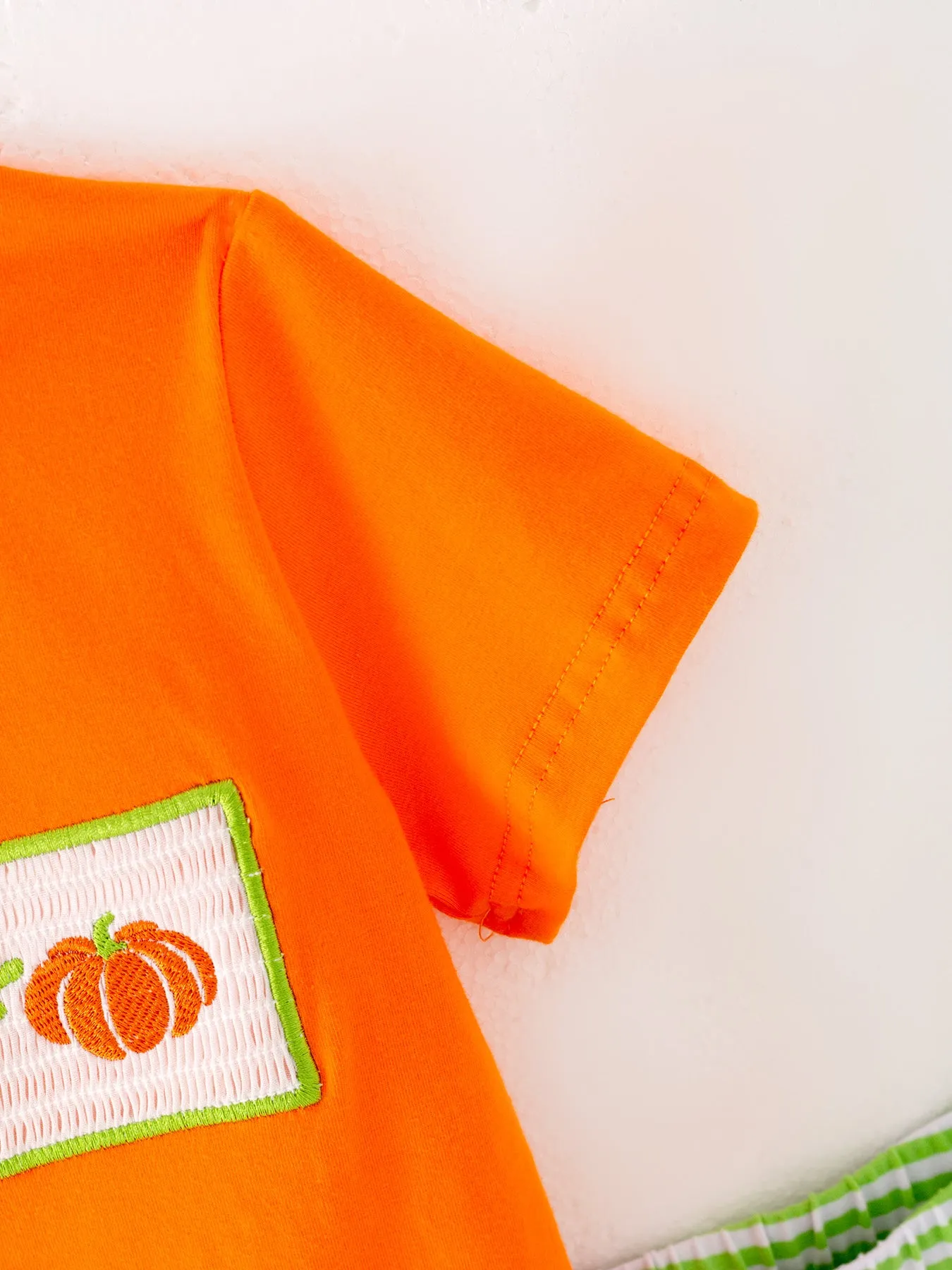 Halloween Orange Boys Cotton Pumpkin Smocking Embroidered Top   Plaid Trousers Set