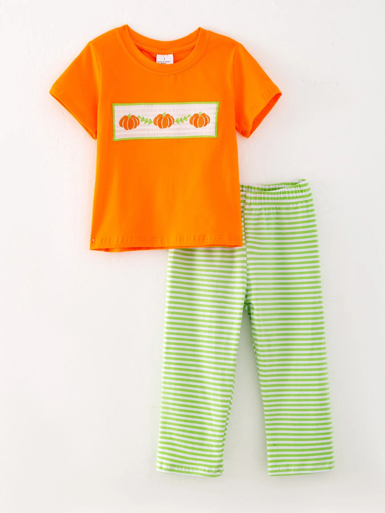 Halloween Orange Boys Cotton Pumpkin Smocking Embroidered Top   Plaid Trousers Set