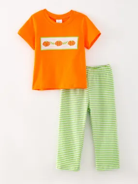 Halloween Orange Boys Cotton Pumpkin Smocking Embroidered Top   Plaid Trousers Set
