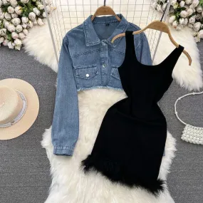 High-Waist Cropped Jacket and Dress Set for Women – Waist-Cinching Denim Outerwear with Slimming Bodycon Skirt, Autumn Fashion