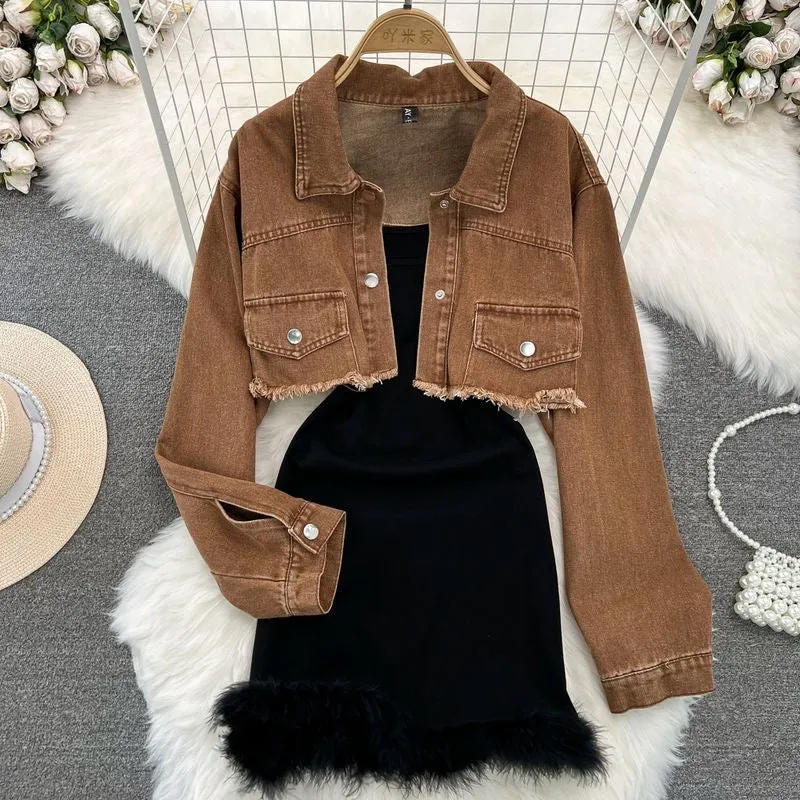 High-Waist Cropped Jacket and Dress Set for Women – Waist-Cinching Denim Outerwear with Slimming Bodycon Skirt, Autumn Fashion