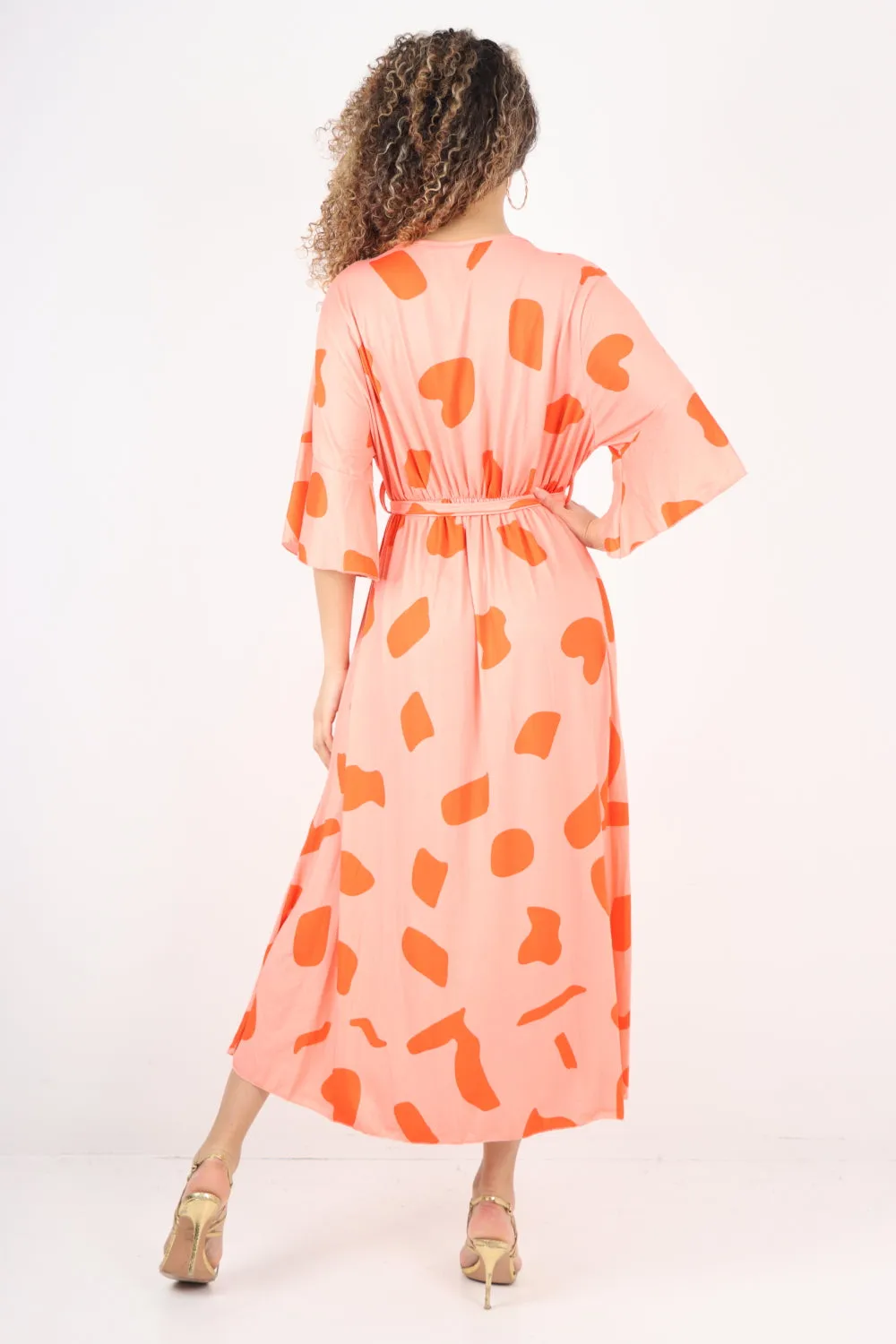 Italian Printed Elasticated Waist Tie Polka Dot Wrap over V Neck Maxi Dress