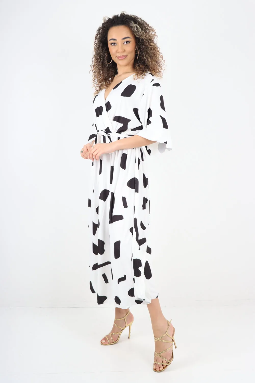 Italian Printed Elasticated Waist Tie Polka Dot Wrap over V Neck Maxi Dress