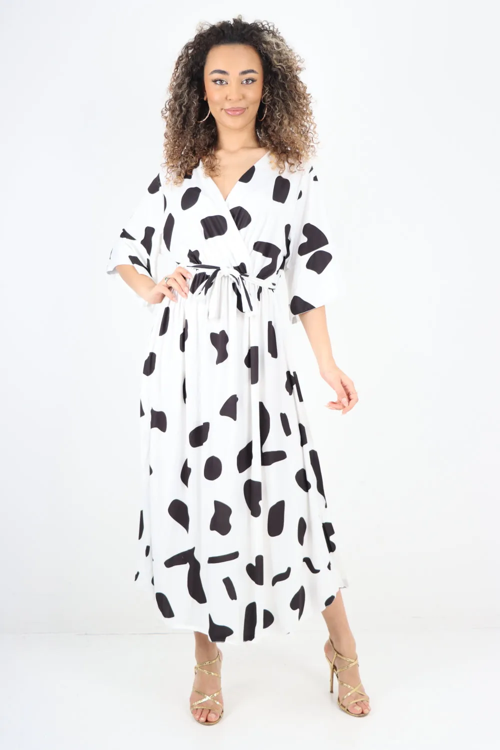 Italian Printed Elasticated Waist Tie Polka Dot Wrap over V Neck Maxi Dress