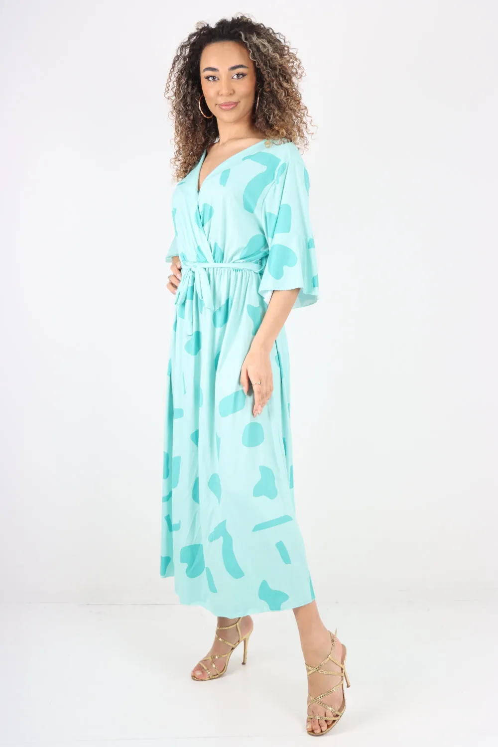 Italian Printed Elasticated Waist Tie Polka Dot Wrap over V Neck Maxi Dress