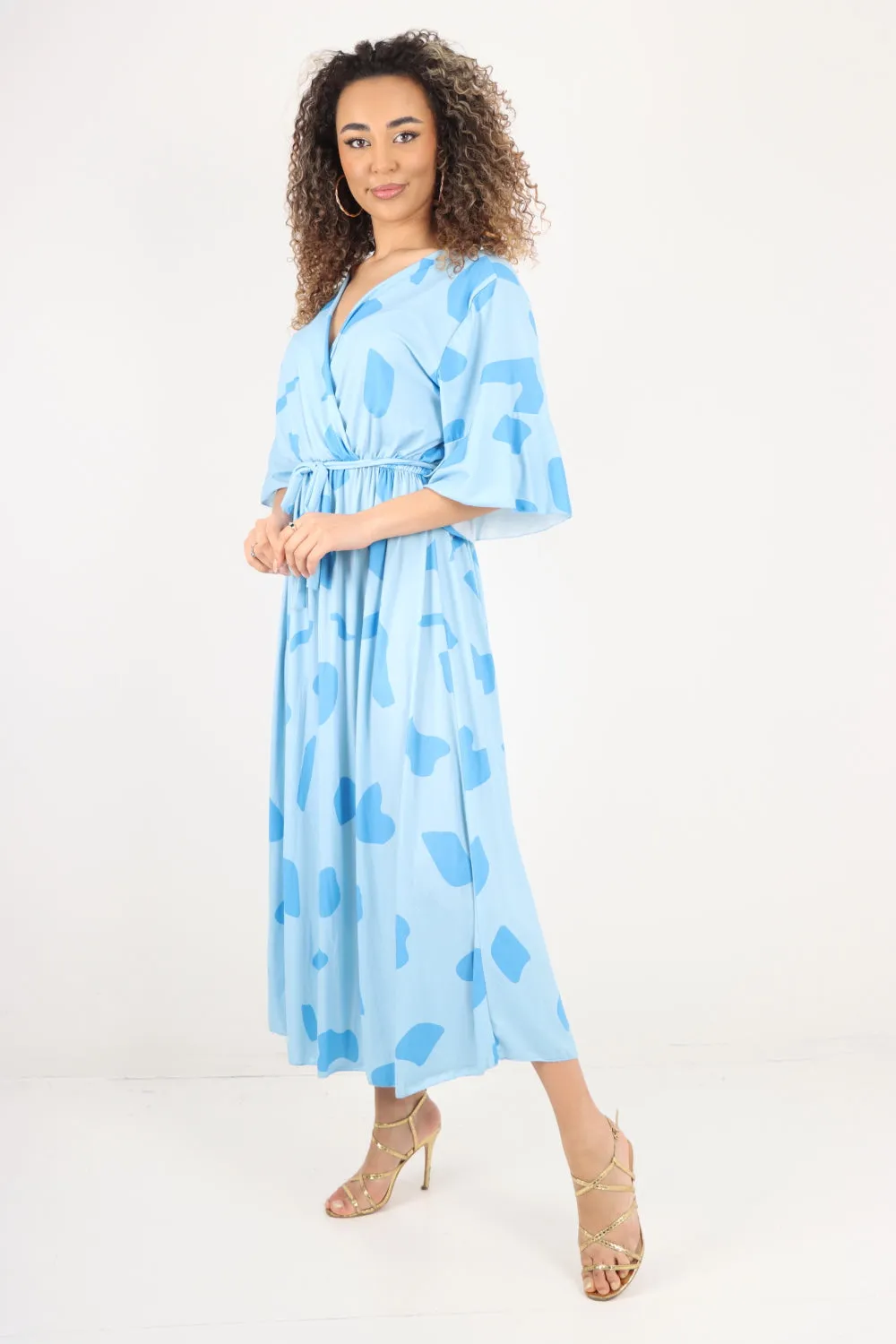 Italian Printed Elasticated Waist Tie Polka Dot Wrap over V Neck Maxi Dress
