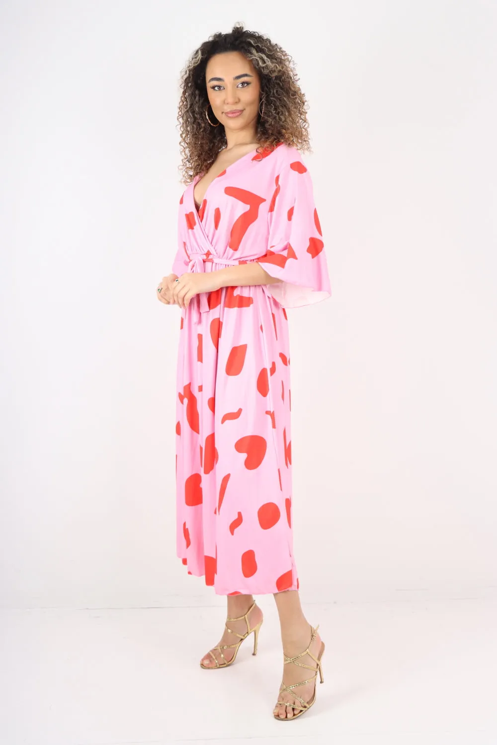 Italian Printed Elasticated Waist Tie Polka Dot Wrap over V Neck Maxi Dress