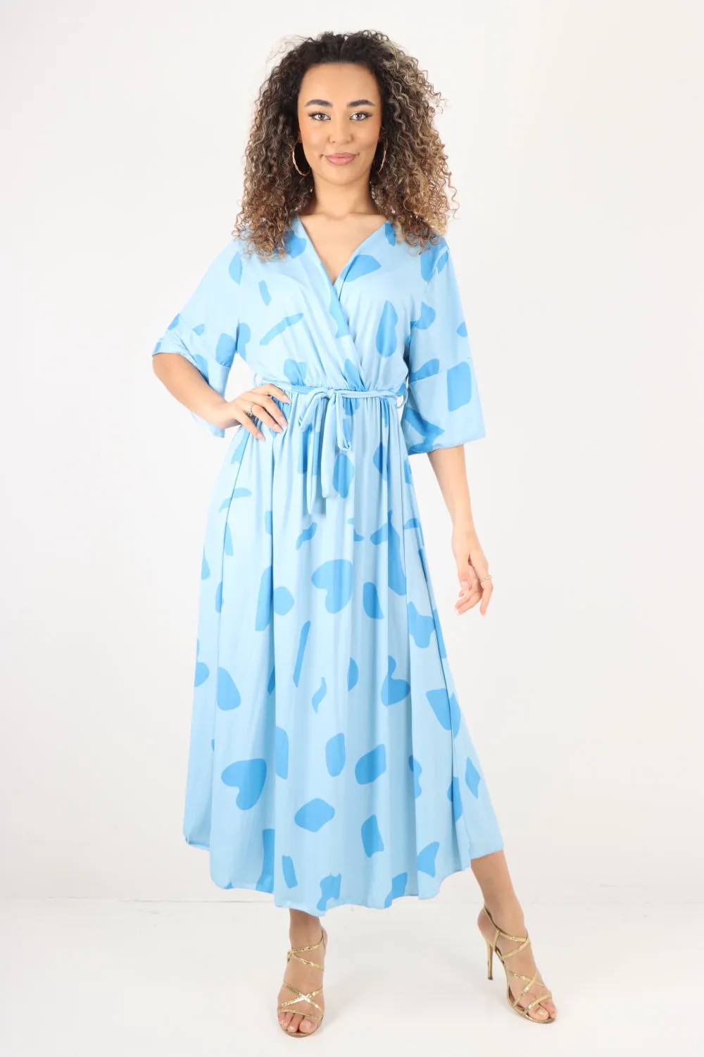 Italian Printed Elasticated Waist Tie Polka Dot Wrap over V Neck Maxi Dress