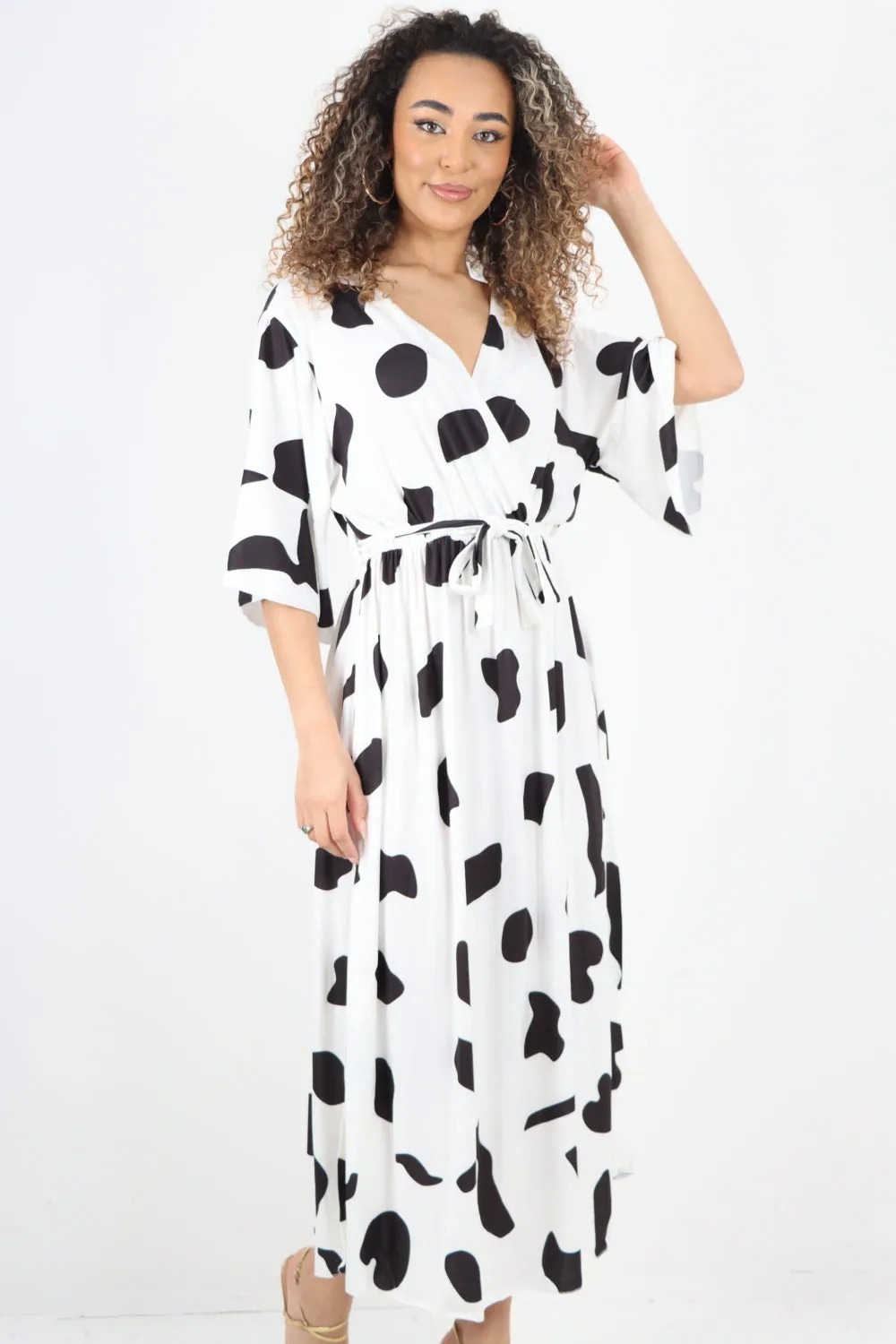 Italian Printed Elasticated Waist Tie Polka Dot Wrap over V Neck Maxi Dress