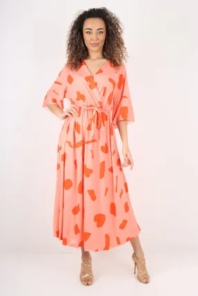 Italian Printed Elasticated Waist Tie Polka Dot Wrap over V Neck Maxi Dress