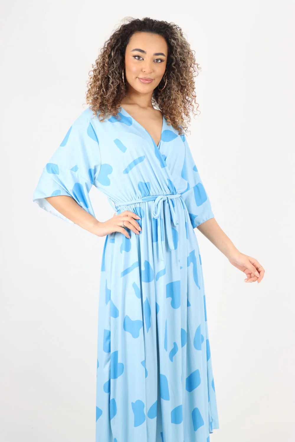 Italian Printed Elasticated Waist Tie Polka Dot Wrap over V Neck Maxi Dress