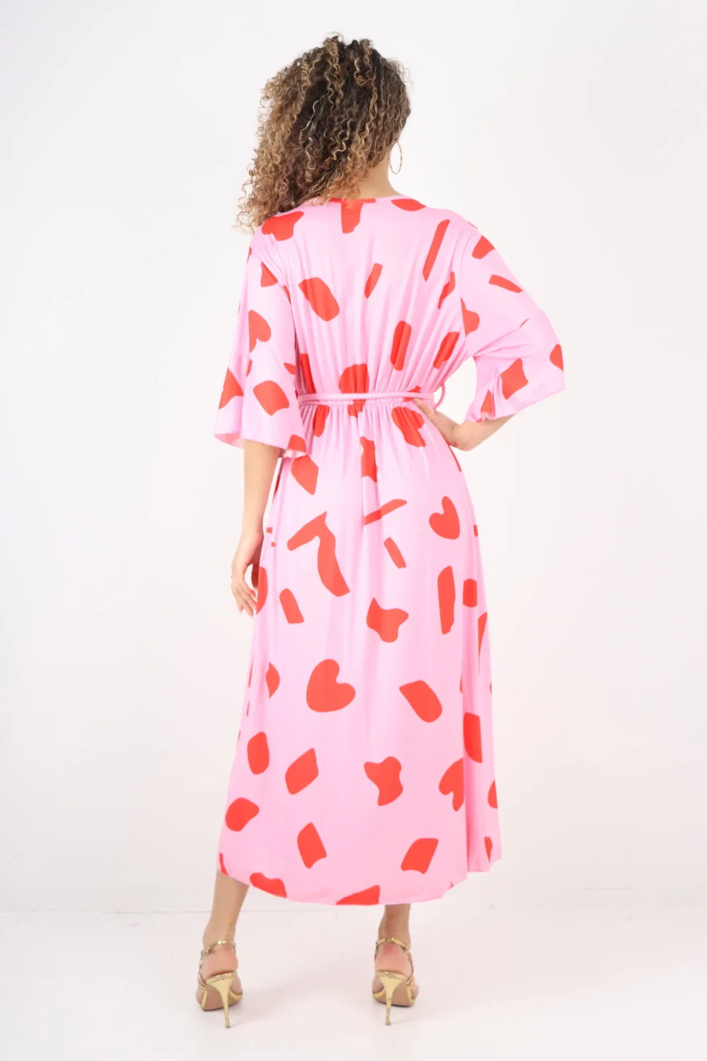 Italian Printed Elasticated Waist Tie Polka Dot Wrap over V Neck Maxi Dress