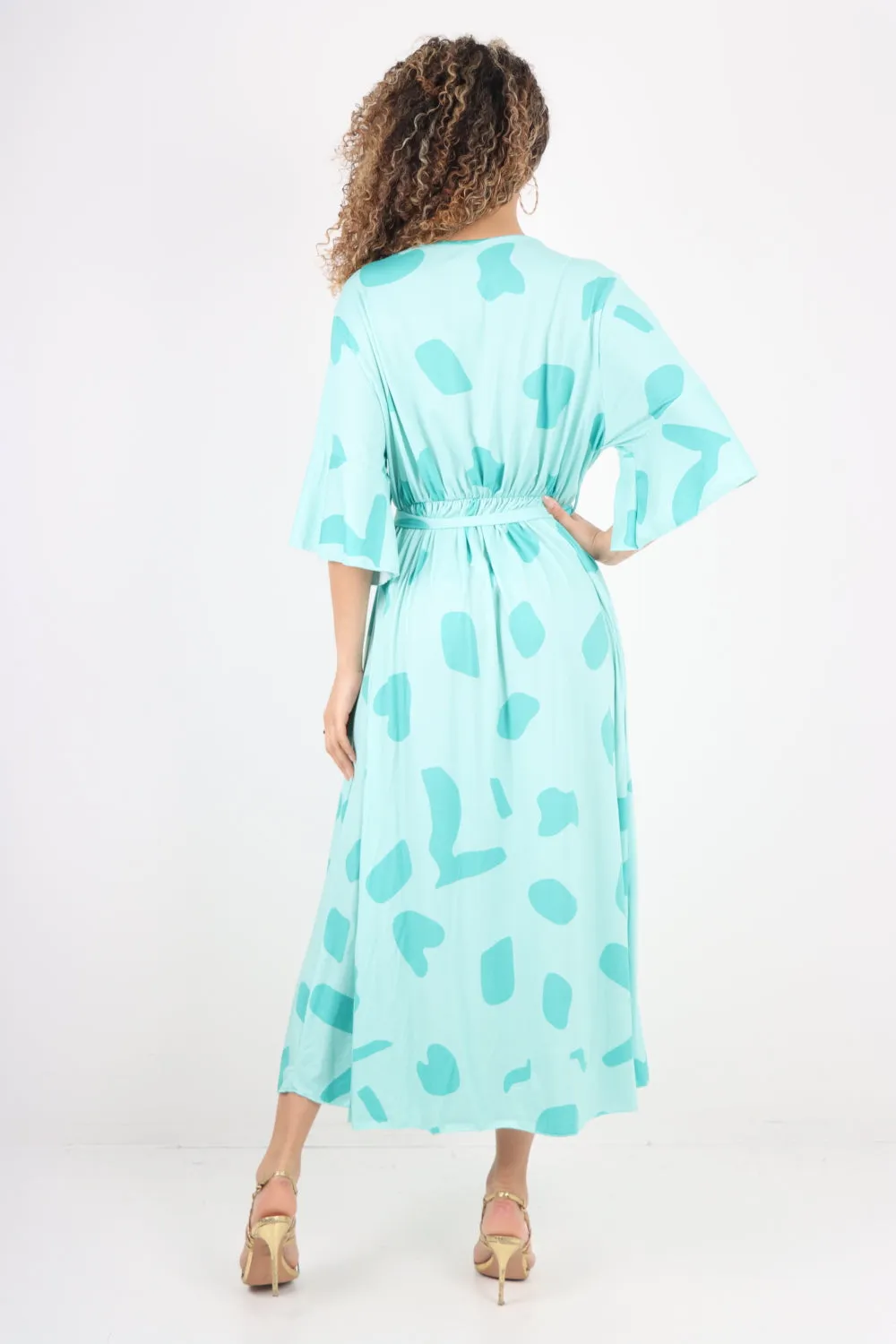 Italian Printed Elasticated Waist Tie Polka Dot Wrap over V Neck Maxi Dress