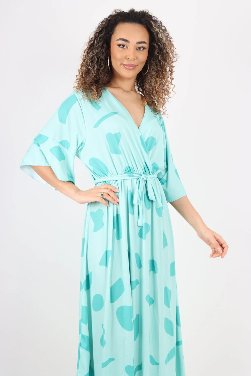Italian Printed Elasticated Waist Tie Polka Dot Wrap over V Neck Maxi Dress