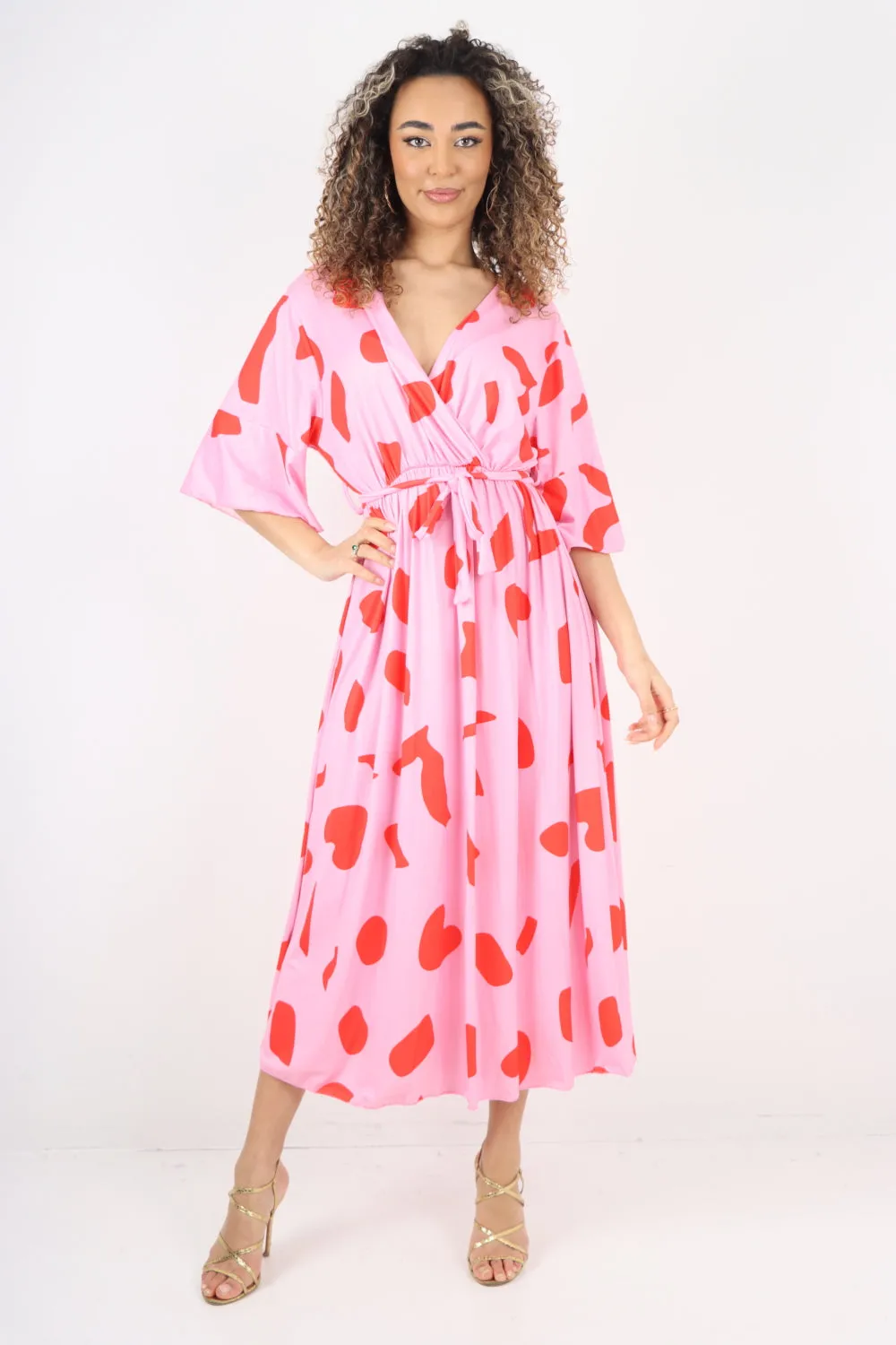 Italian Printed Elasticated Waist Tie Polka Dot Wrap over V Neck Maxi Dress