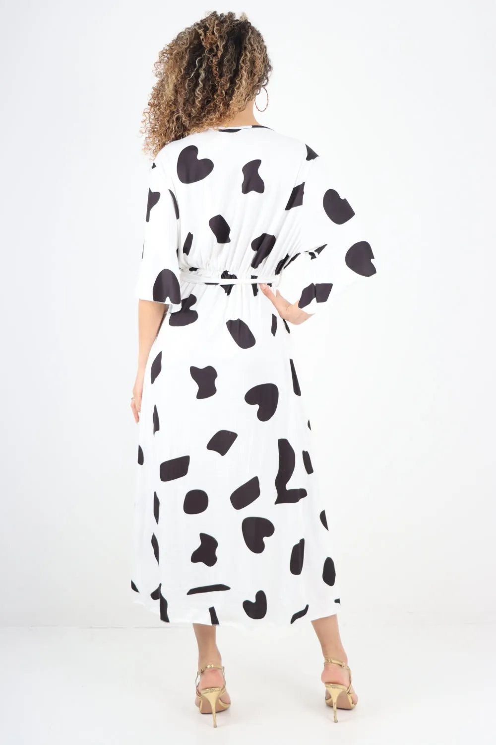 Italian Printed Elasticated Waist Tie Polka Dot Wrap over V Neck Maxi Dress
