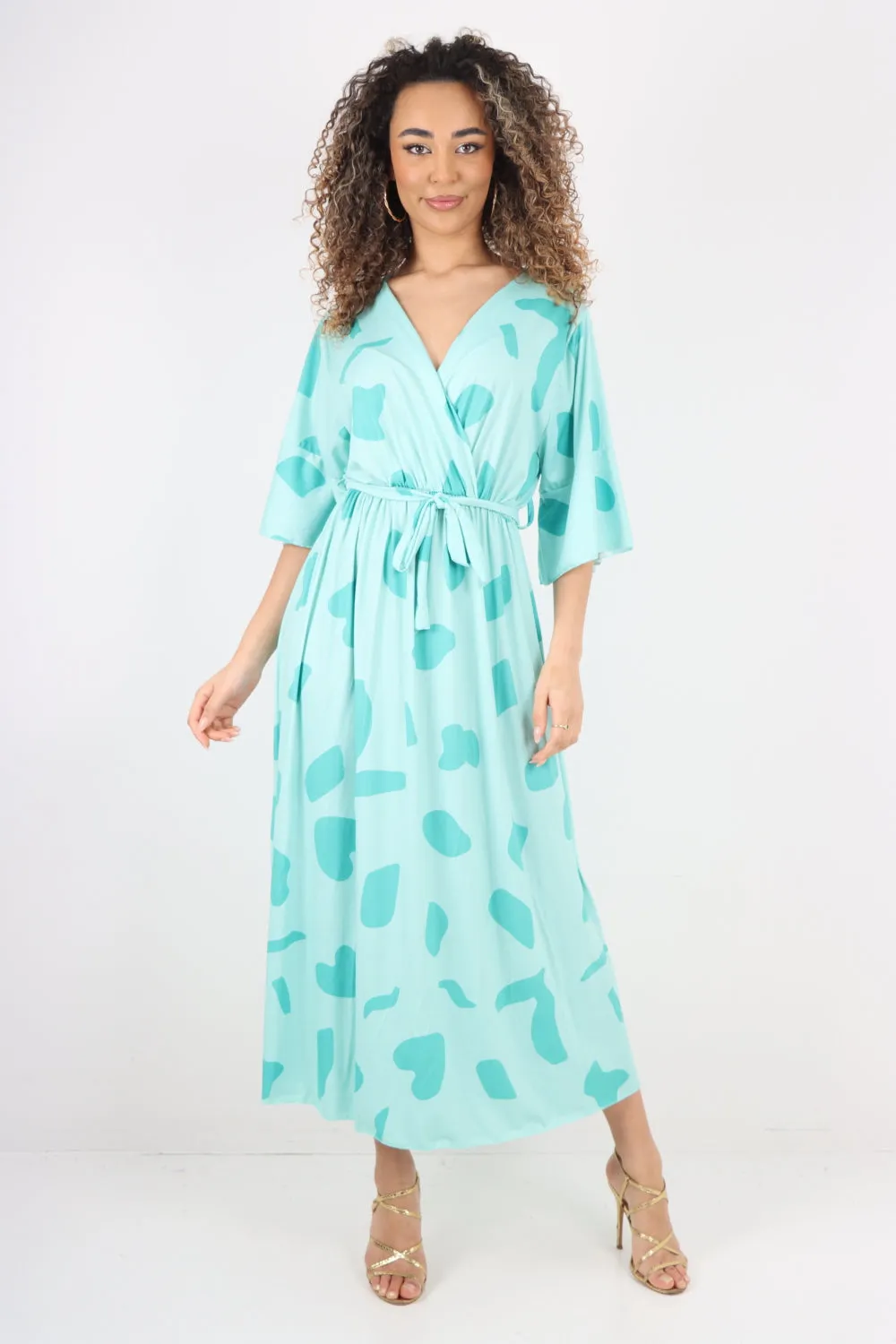 Italian Printed Elasticated Waist Tie Polka Dot Wrap over V Neck Maxi Dress