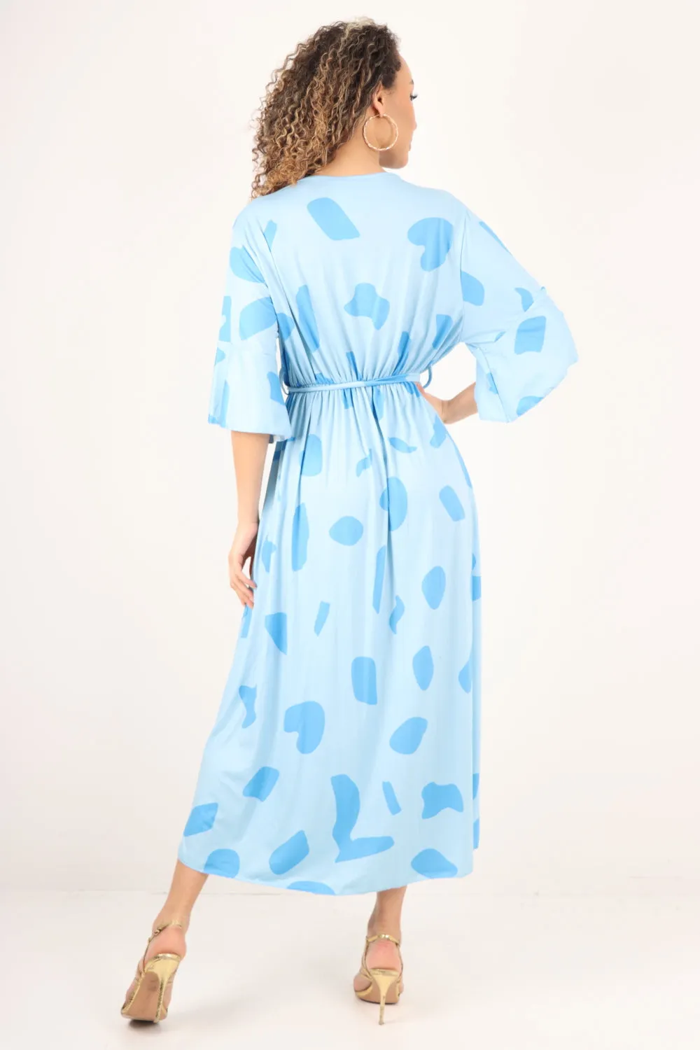 Italian Printed Elasticated Waist Tie Polka Dot Wrap over V Neck Maxi Dress