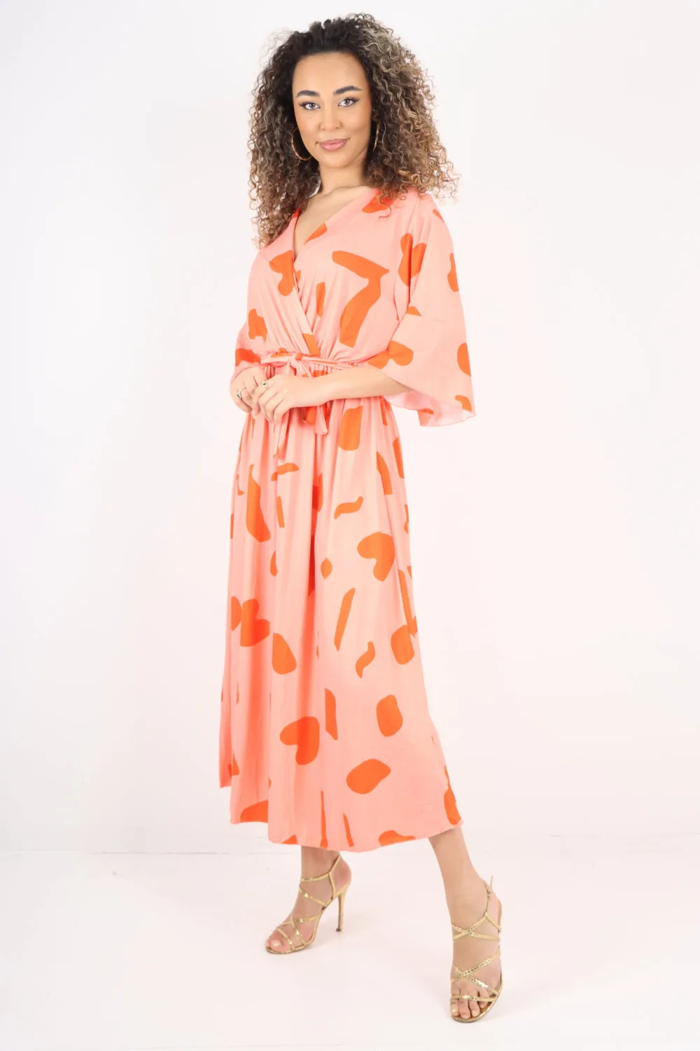 Italian Printed Elasticated Waist Tie Polka Dot Wrap over V Neck Maxi Dress