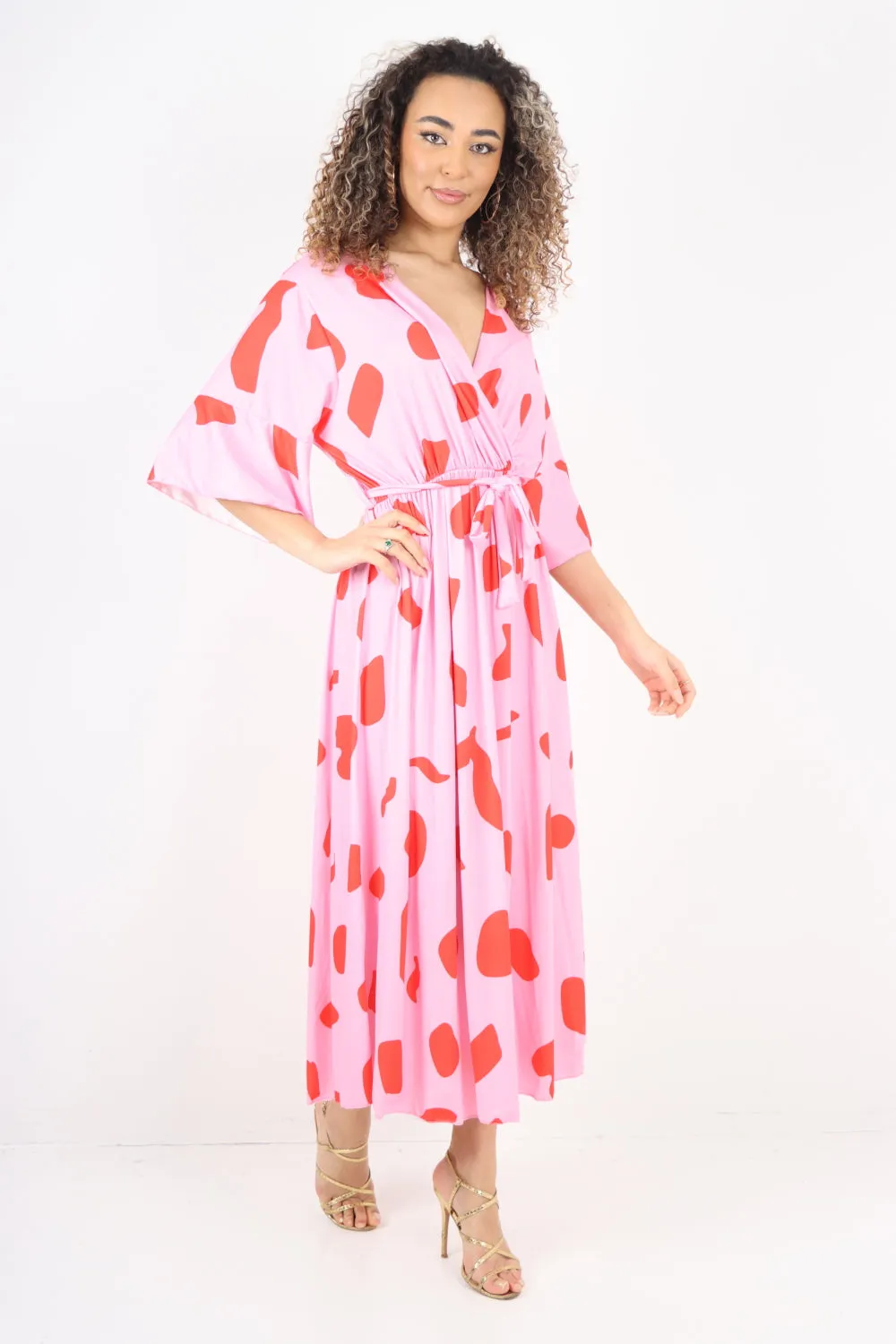 Italian Printed Elasticated Waist Tie Polka Dot Wrap over V Neck Maxi Dress