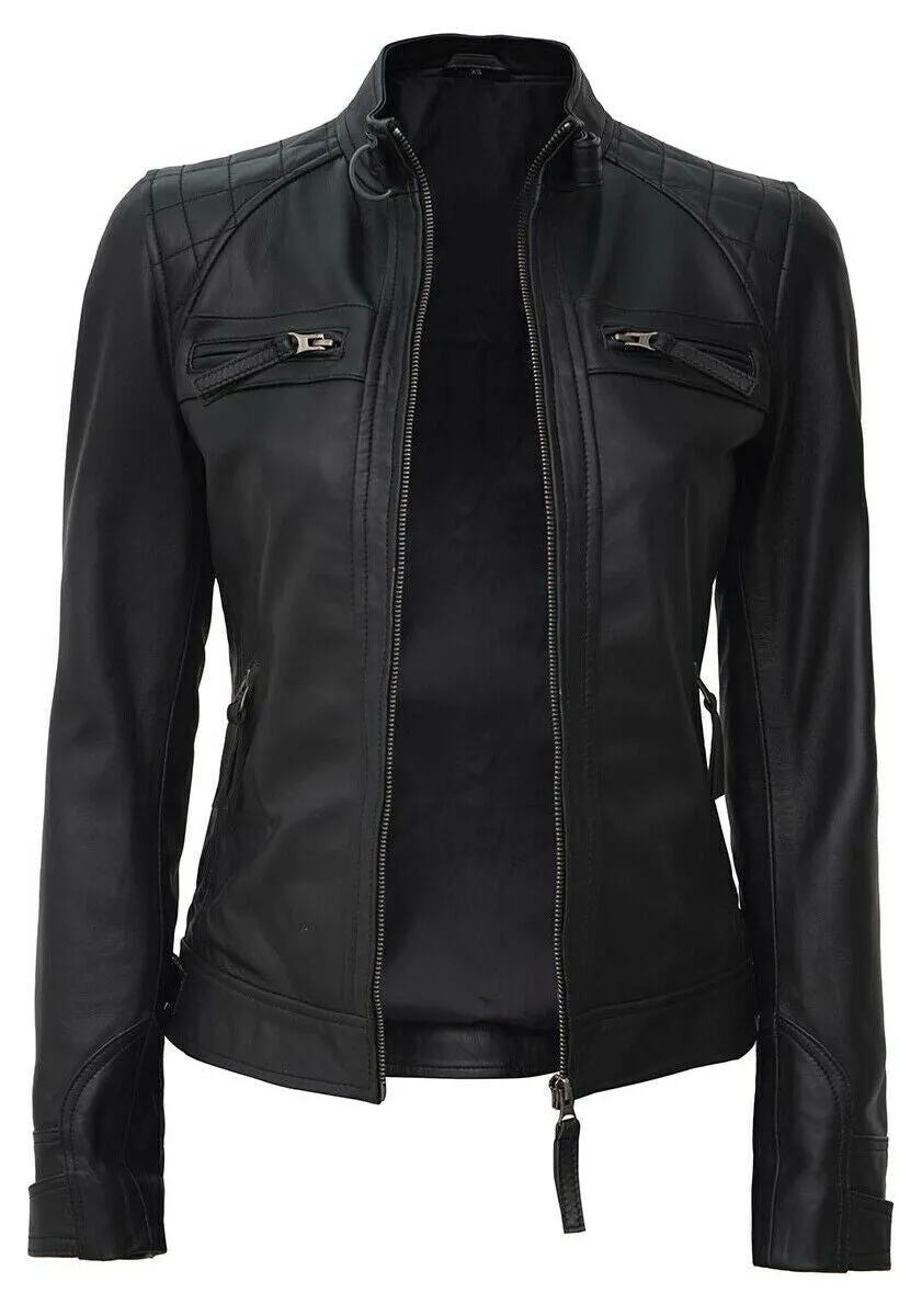 Ladies Women's Black Slim Fit Biker Lambskin Leather Designer Jacket