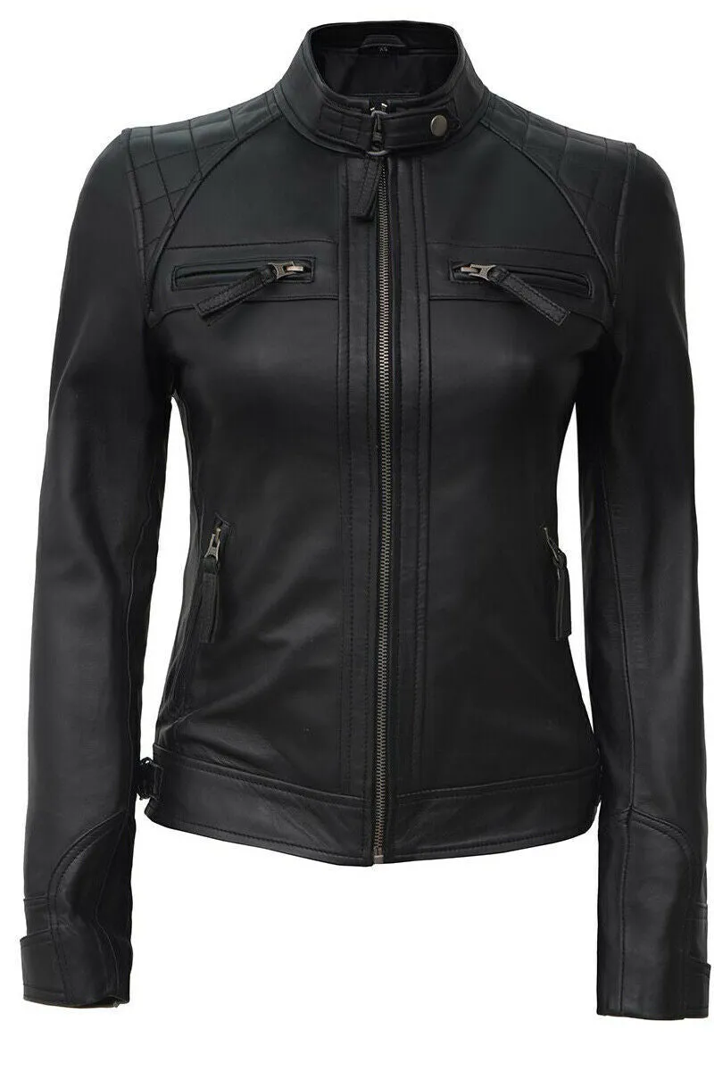 Ladies Women's Black Slim Fit Biker Lambskin Leather Designer Jacket