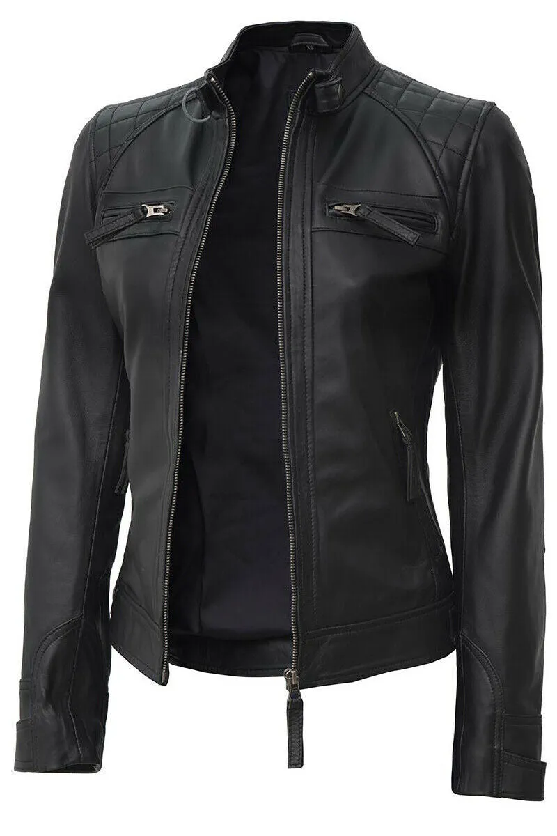 Ladies Women's Black Slim Fit Biker Lambskin Leather Designer Jacket