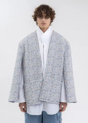 LIGHT BLUE AND ECRU FLOWERS REVERSIBLE QUILTED CROPPED COAT