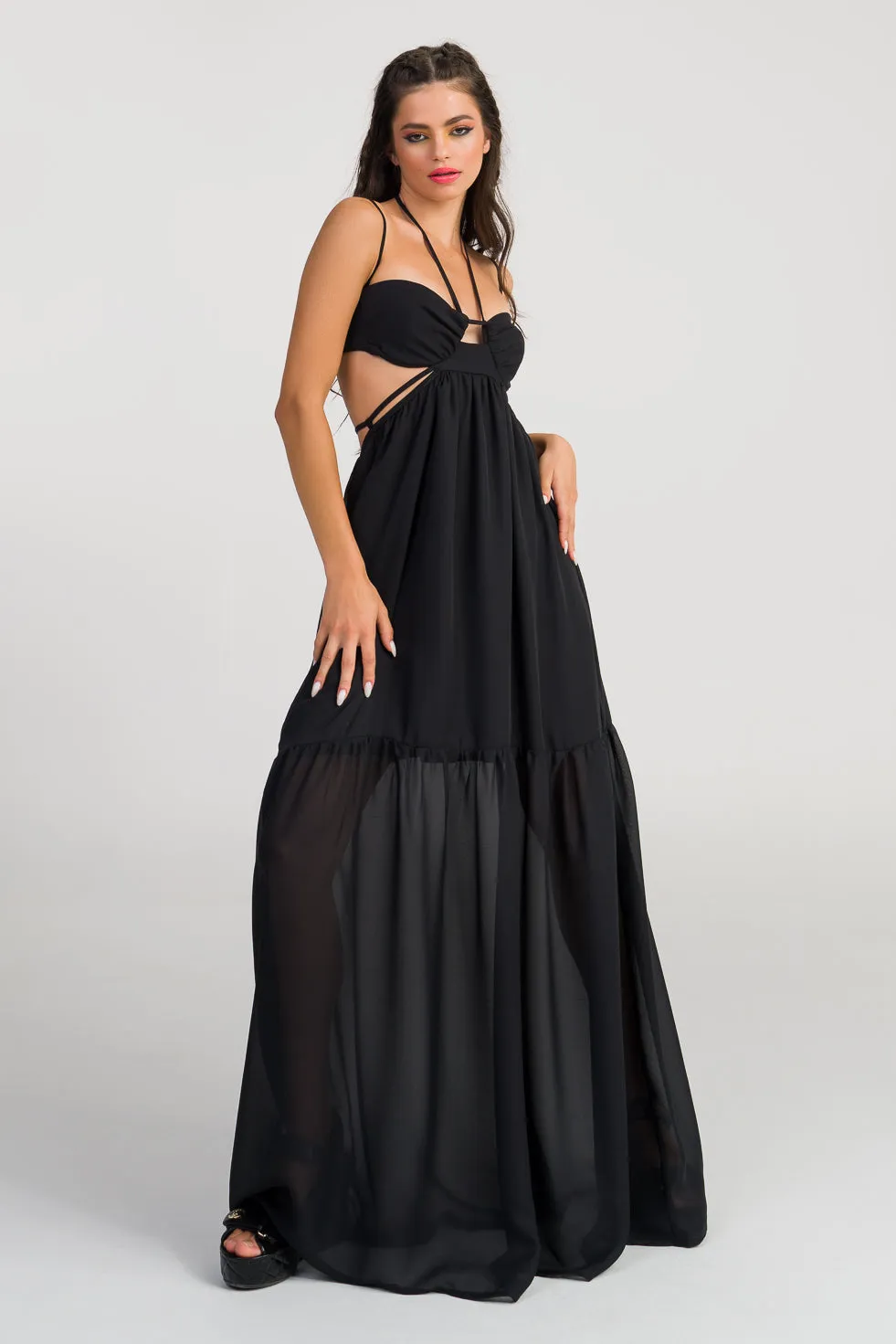 Lillian  Black Silk flared maxi dress