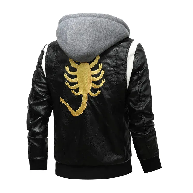 Men's PU Leather Bomber Jacket - Hooded Scorpion Embroidery Motorcycle Coat for Autumn & Winter | Inspired by Ryan Gosling's Drive