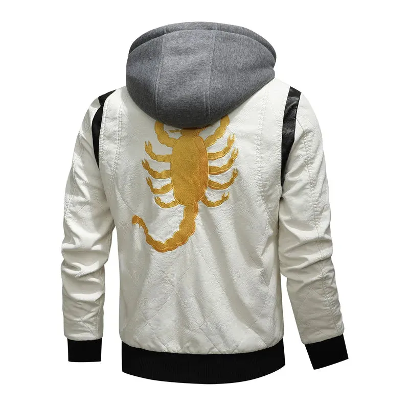 Men's PU Leather Bomber Jacket - Hooded Scorpion Embroidery Motorcycle Coat for Autumn & Winter | Inspired by Ryan Gosling's Drive