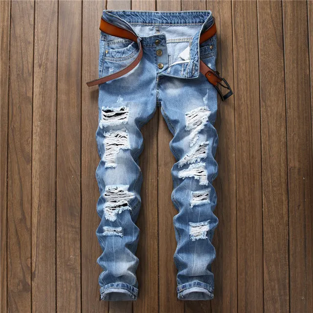 Men's Ripped Jeans Pants Slim Fit Light Blue Denim Joggers Male Distressed