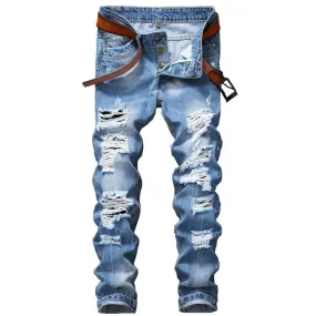 Men's Ripped Jeans Pants Slim Fit Light Blue Denim Joggers Male Distressed